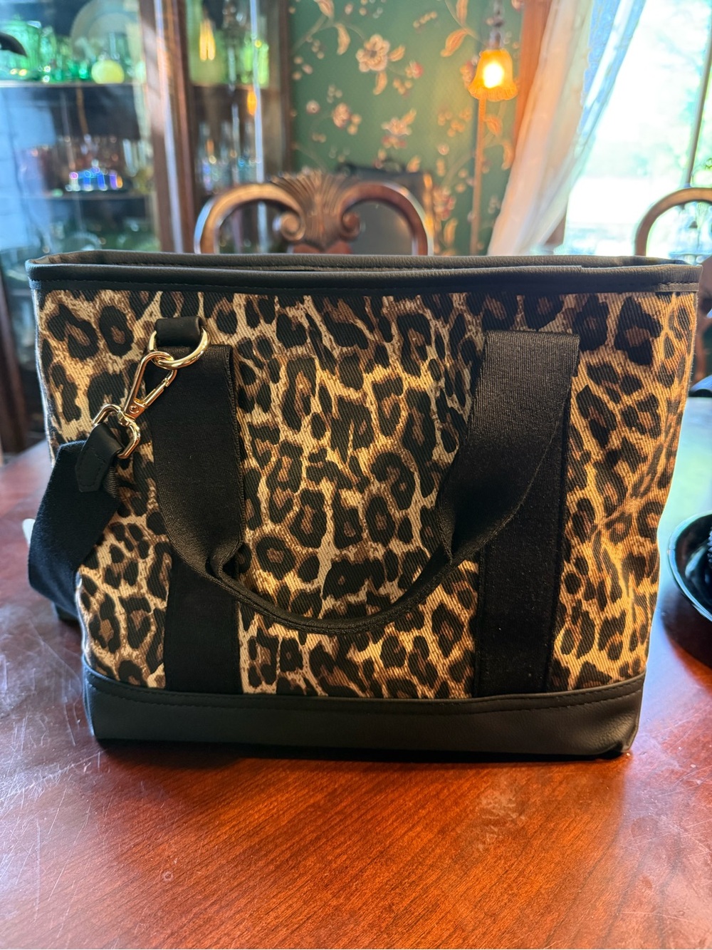 Betsey Johnson Leopard Print Tote with Black Trim and Plush Bear Charm - Picture 3 of 6